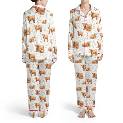 Highland Cow Calves Watercolor Print: Reddish Brown Fur, Pink Yellow Floral Meadow Satin Pajamas Set