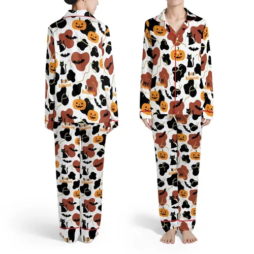 White Background Black Reddish-Brown Cow Spot Halloween Bat Pumpkin Cat Happy Halloween Text Lines Satin Pajamas Set