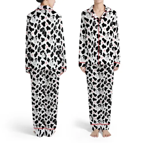 Barnyard Motif Black Irregular Cow Spots: Cow Head, Milk Carton, Pink Heart Pattern Satin Pajamas Set