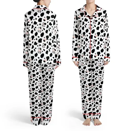 White Design with Black Cow Spots, Cow Heads, Pink Noses, & White Spotted Figures Satin Pajamas Set