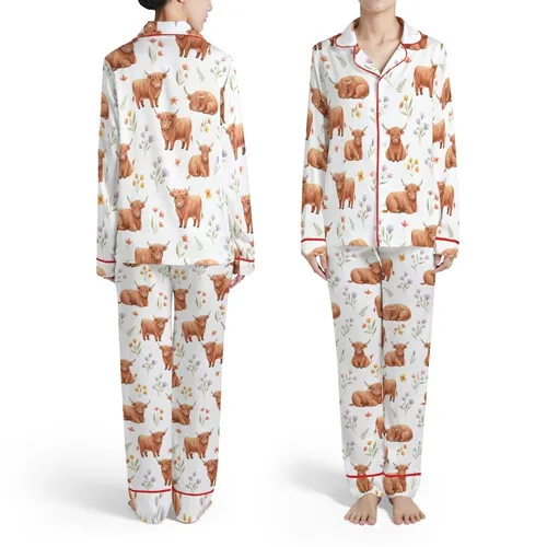 Shaggy Highland Cow Watercolor Wildflower Pattern with Lavender & Golden Blooms Satin Pajamas Set