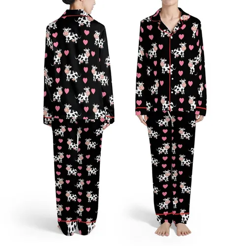 Cow Lover's Bold Black Spotted White Cows Pink Snouts Solid Pink Hearts All-Over Motif Satin Pajamas Set