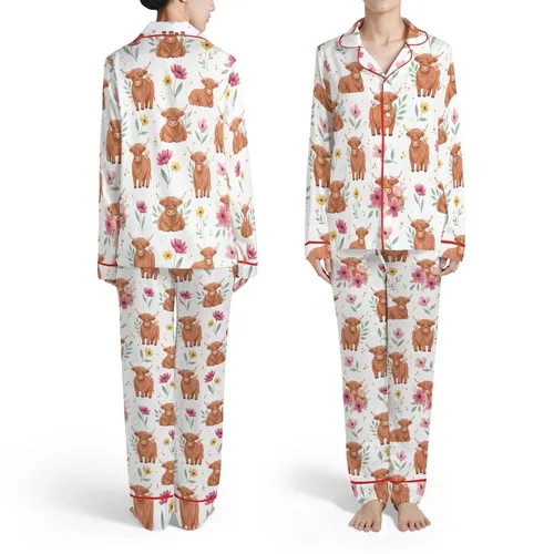 Highland Cow Calves Repeating Reddish Brown Fur Fuchsia Pink Yellow Wildflowers White Satin Pajamas Set