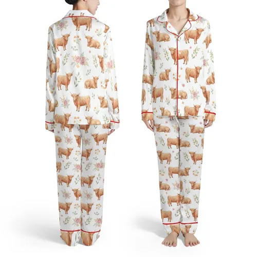Highland Cow Fan Shaggy Red-Brown Tan Cows Grazing Wildflowers Green Foliage Image Satin Pajamas Set