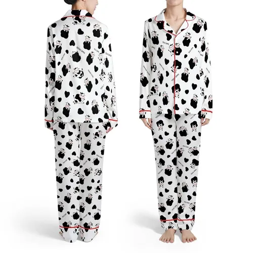 All-Over Black Cow Spot Repeat with Hand Drawn Calves Pink Accents & Sweet Milk Text Satin Pajamas Set