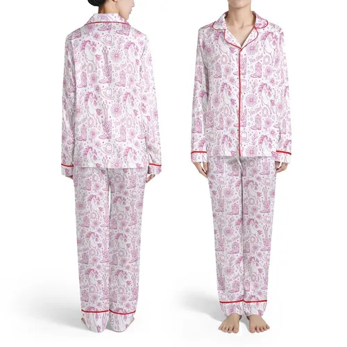 Hot Pink Western Floral Cowboy Boots Horses Saguaro Stars Yee Haw Motifs Satin Pajamas Set