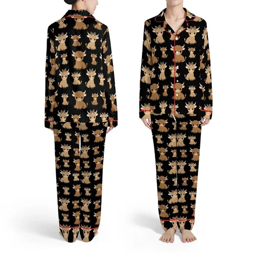 Baby Highland Cow Illustrative Pattern - Seamless Shaggy Fur, Leopard Bow Black Satin Pajamas Set