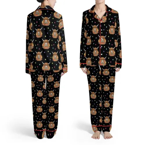 Highland Calves Multicolored Christmas Lights Black Sky Yellow Pink Stars Satin Pajamas Set