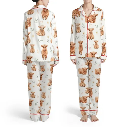 Highland Cow Fan Watercolor Calves Daisy Foliage Pattern Fabric Satin Pajamas Set
