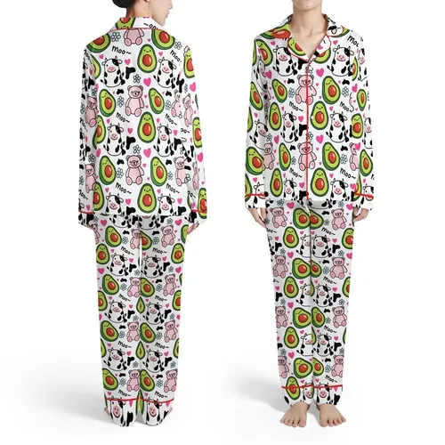 Cheerful Animal Lover's Smiling Avocado Cow Bear Hot Pink Heart Moo Textile Print Satin Pajamas Set