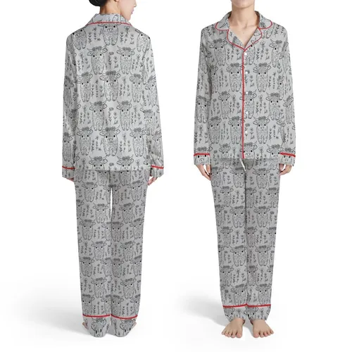 Highland Calf Black Line Art Flower Crown Heather Grey All-Over Floral Motif Satin Pajamas Set