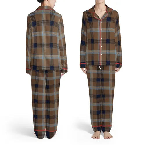 Glen Plaid Interwoven Grid Checks Houndstooth Brown Tan Navy Blue Dusty Blue Satin Pajamas Set