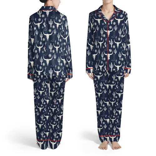 Scattered Bull Skull Longhorn Saguaro Cactus Cowboy Boot Wildflower Navy Off-White Satin Pajamas Set