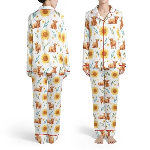 Highland Cow Watercolor Pattern: Golden Cows, Yellow Sunflowers, Green & Teal Foliage Satin Pajamas Set