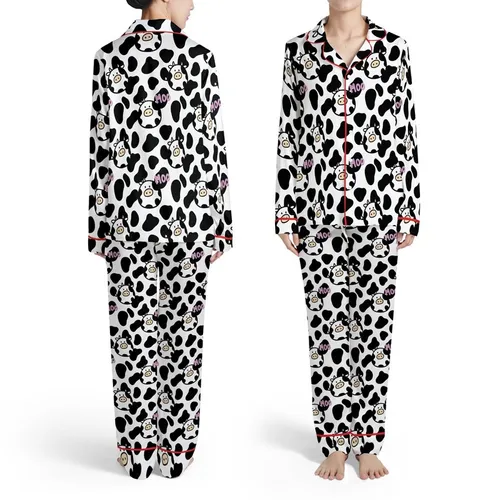 White Black Irregular Cow Spots, Cartoon Cow Figures, Pink Black Outlined MOO Satin Pajamas Set