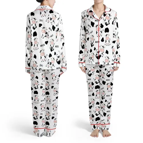 All-Over Holstein Cows Black Spot White Pattern Irregular Cow Print MILK MOO Lettering Satin Pajamas Set