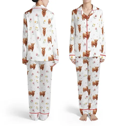 Shaggy Highland Cow Watercolor Pattern: Blush Pink Wildflowers, Sage Leaves, White Satin Pajamas Set