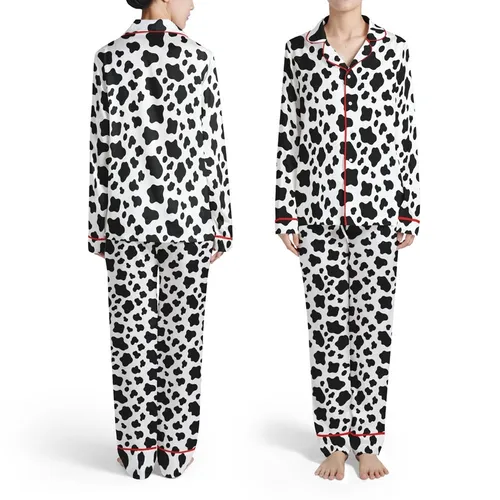 Black Cow Spots Flowing Pattern: Organic Blobs on Irregular White Background Satin Pajamas Set