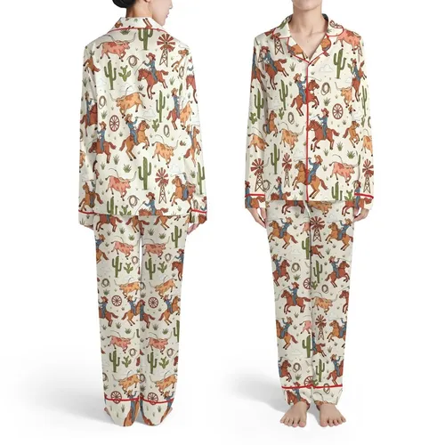 Cowgirl Riders & Roping Longhorn Cattle Desert Cacti Windmills Wagon Wheels Lasso Satin Pajamas Set