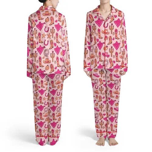 Pink Cartoon Western Boots Hats Bandanas Cacti Lassos Sheriff Stars Design Satin Pajamas Set