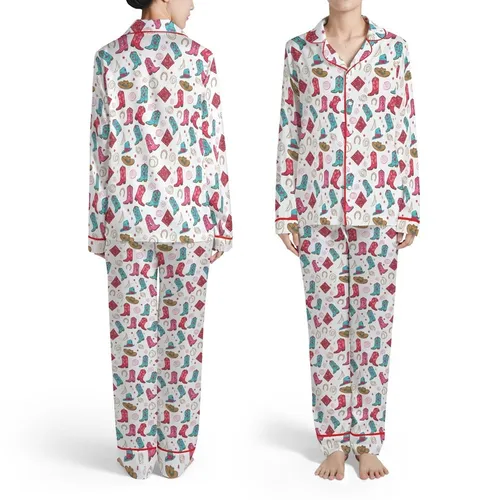Western Rodeo Boots Stars Hats Floral Bandanas Horseshoes Lasso Pink Blue White Satin Pajamas Set