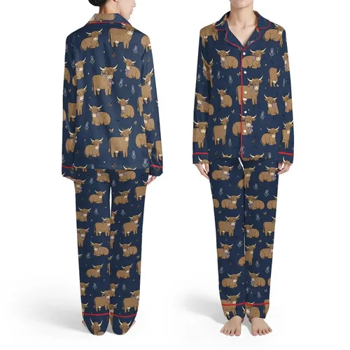 Highland Cow Lover: Shaggy Fur Calves Yellow Bows Thistle Navy Blue Speckle Item Satin Pajamas Set