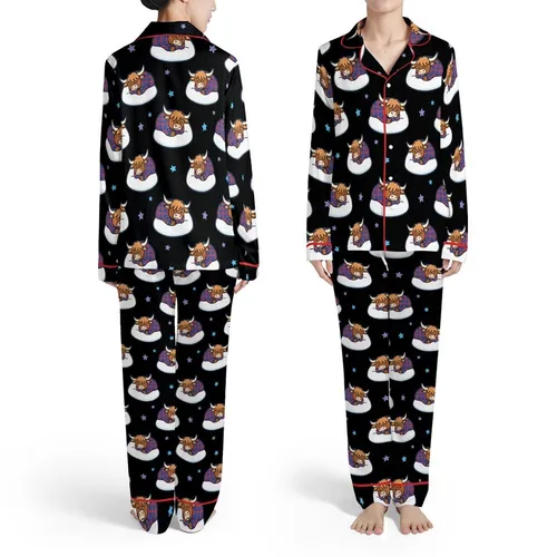 Highland Cow Sleeping Plaid Nightshirt Brown Cow White Pillow Black Blue Stars Satin Pajamas Set