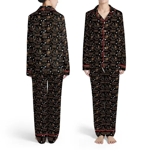 Cowboy Hat Star Horseshoe Scatter 'COWBOY COSTUME' Text Black Saddle White Satin Pajamas Set