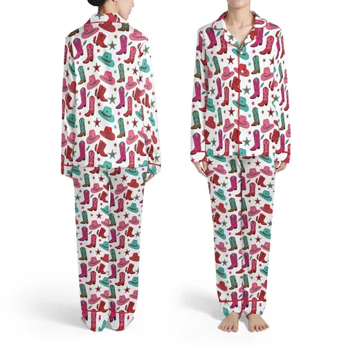Western All-Over Cowboy Boots, Cowboy Hats & Sheriff Badges Design Satin Pajamas Set