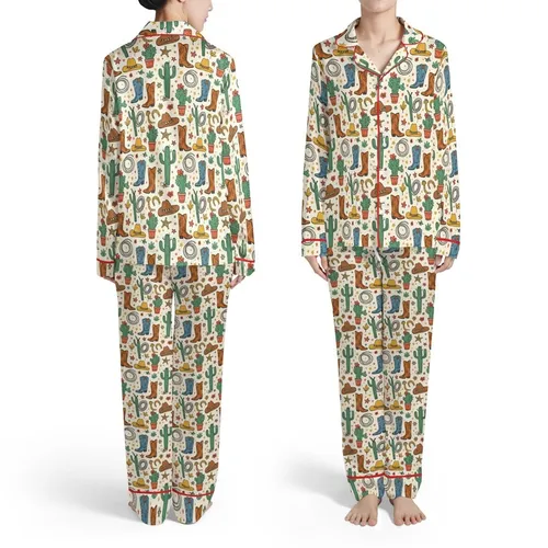 Western Desert Cowboy Boots Hats Cacti Horseshoes Sheriff Badge Ropes Stars Print Satin Pajamas Set