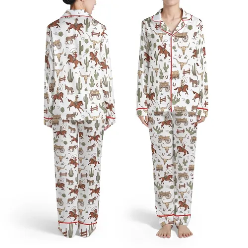 Western Landscape Cowboys Horses Lasso Longhorn Skulls Desert Cactus Wagon Horseshoes Sepia Satin Pajamas Set