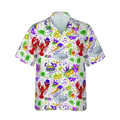 Red Lobster Pelican Crab Mardi Gras Hats Beads Drums Music Notes Seamless Pattern Short-sleeve Hawaiian Shirt