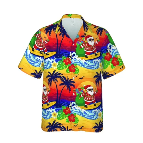 Santa Claus Surfboard Hawaiian Ugly Sweater Ocean Waves Tropical Sunset Sky Pattern Short-sleeve Hawaiian Shirt
