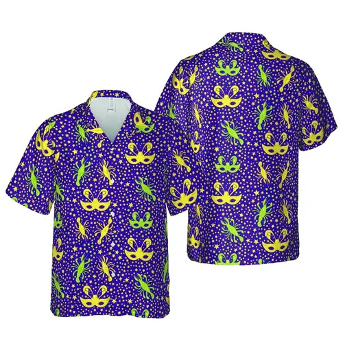 Hawaiian Crawfish Mardi Gras Pattern: Deep Purple, Yellow, Lime Green Stars & Beads Design Short-sleeve Hawaiian Shirt