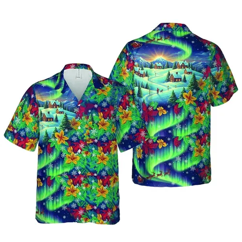 Hawaiian Christmas Village Snow Hills Santa Sleigh Aurora Sky Pine Trees Dog Fabric Print Short-sleeve Hawaiian Shirt