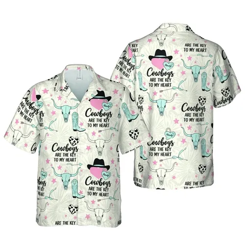 Cowboy Lover Howdy Hearts & Boots, Bull Skulls, Stars Hawaiian Fabric Design Short-sleeve Hawaiian Shirt
