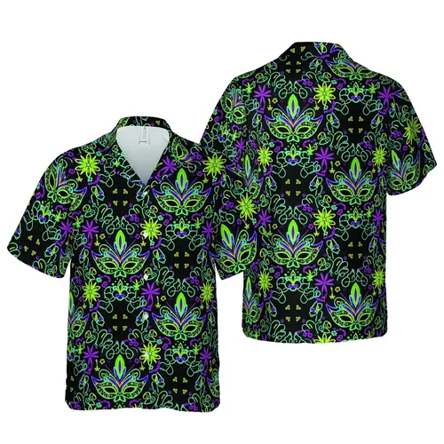 Neon Mardi Gras Mask Feathers Beads Fleur-de-lis Starburst Tropical Sublimation Image Short-sleeve Hawaiian Shirt