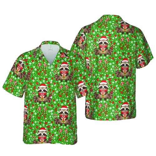 Raccoon Hawaiian Pattern Santa Hats Candy Canes Gifts Christmas Tree Snowflake Fabric Design Short-sleeve Hawaiian Shirt