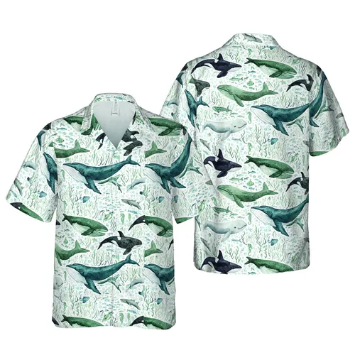 Ocean Whale Hawaiian Pattern: Watercolor Humpback Orca Beluga Fabric Design Short-sleeve Hawaiian Shirt