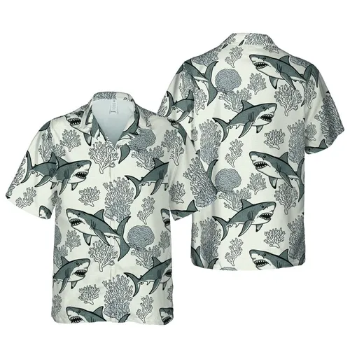 Great White Shark Coral Monochromatic High Contrast Full Coverage Tropical Textile Design Short-sleeve Hawaiian Shirt