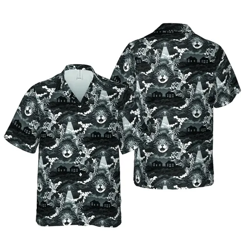 Startled Tabby Cat UFO Beams Rural Landscape Overcast Sky Botanical Foliage Short-sleeve Hawaiian Shirt