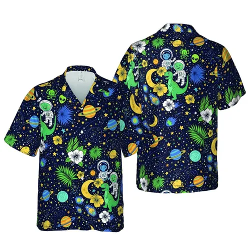 Cartoon Dinosaurs Space Helmets Alien Astronauts Hawaiian Planets Cosmic Starfield Short-sleeve Hawaiian Shirt