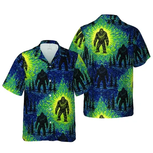 Sasquatch Hawaiian Pattern: Dark Blue Yellow Green Teal Pine Trees, Starry Night Glow Short-sleeve Hawaiian Shirt