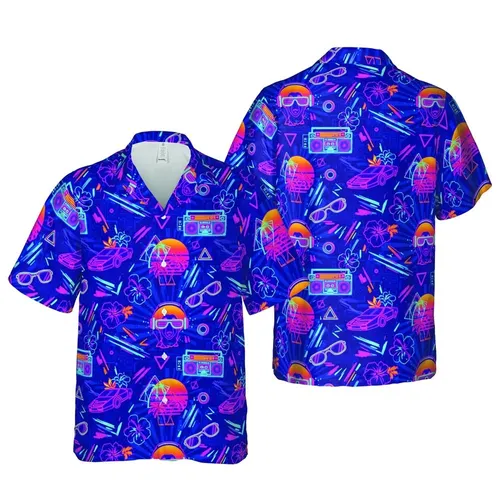 Dachshund Dogs Neon Hawaiian Sunset: Boombox Palm Tree Sports Car Geometric Grid Short-sleeve Hawaiian Shirt