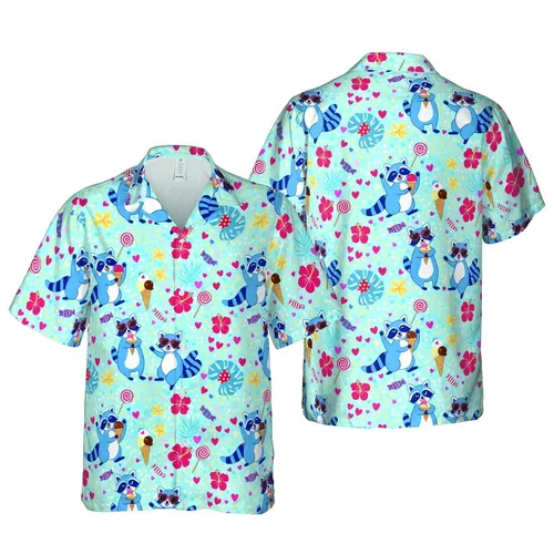 Blue Raccoon Ice Cream Dessert Print - Red Sunglasses, Candies, Light Blue Splatter Short-sleeve Hawaiian Shirt