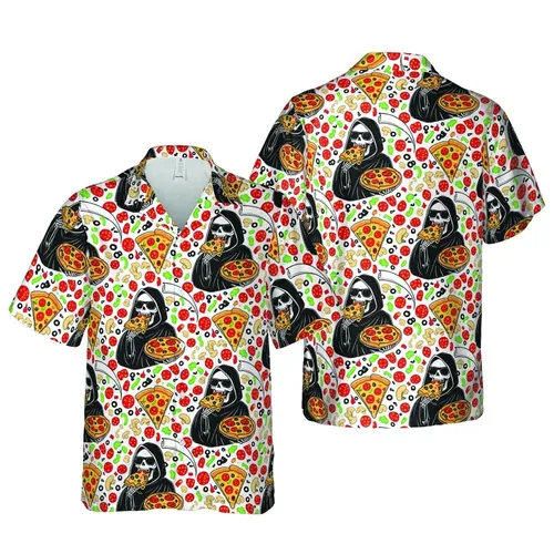 Grim Reaper Pizza Slice Tropical Pattern: Topping Mosaic Design - Black White Red Green Short-sleeve Hawaiian Shirt