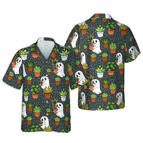 Potted Succulent Ghosts Tropical Print: Charcoal Star & Cross Mosaic Botanical Short-sleeve Hawaiian Shirt