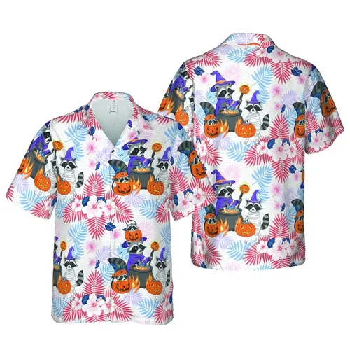 Coastal Halloween Raccoons: Witch Wizard Mummy, Tropical Palm Fronds Hibiscus Short-sleeve Hawaiian Shirt