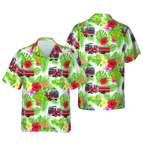 Red Fire Truck American Flag Grille Hawaiian Hibiscus Bird of Paradise Pineapple Palm Frond Short-sleeve Hawaiian Shirt