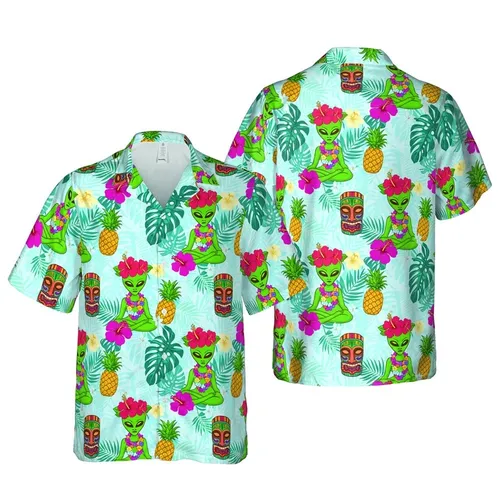 Meditating Green Alien Lotus Pose Tiki Mask Hawaiian Tropical Seamless Print Short-sleeve Hawaiian Shirt